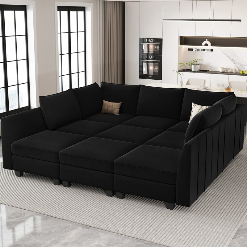 Allinson 87" W 10-Piece Velvet Modular Sectional Sleeper with Storage, Black Velvet