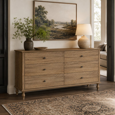 Commode de rangement à six tiroirs avec poignées en bois massif brun moderne