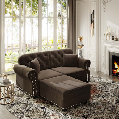 Canapé Chesterfield Mid-Century moderne en velours avec garniture cloutée et capitonnage à boutons