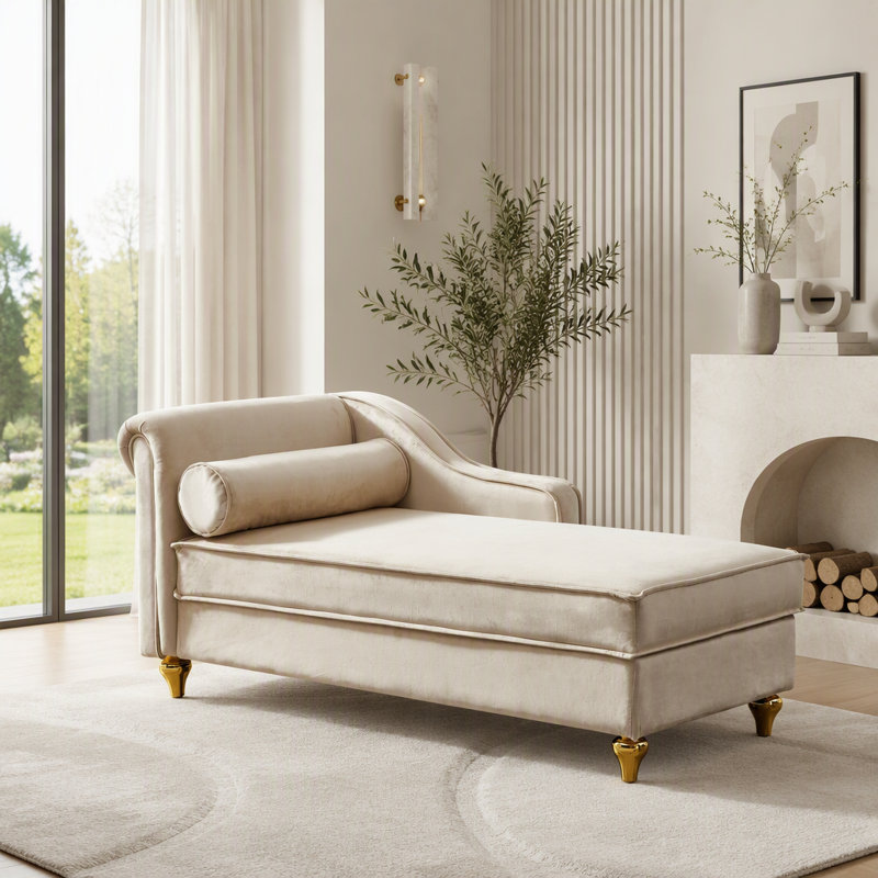 Chaise longue en velours beige avec rangement caché et pieds dorés, Velours beige