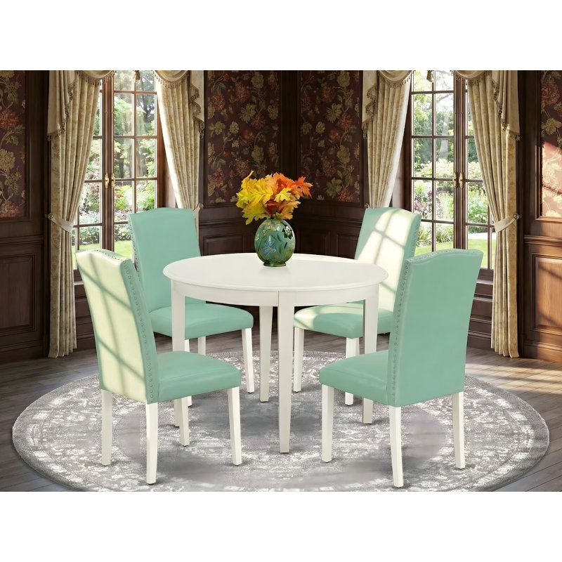 Ensemble de salle à manger 5 pièces comprenant une table de cuisine ronde et 4 chaises Parson rembourrées en similicuir Pond, 42 x 42 po, lin blanc