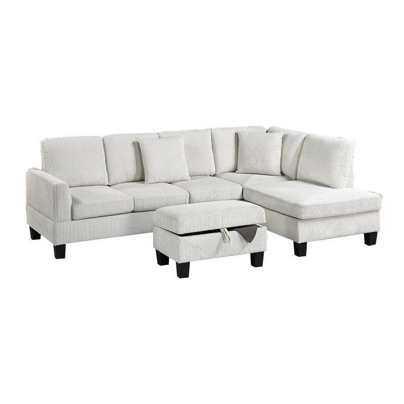 3 In Beige Corduroy For Modern And Transitional Living, With Chaise, , Storage , Back Sectional L-Shaped Design, Square Arms, Contemporary Living Spaces