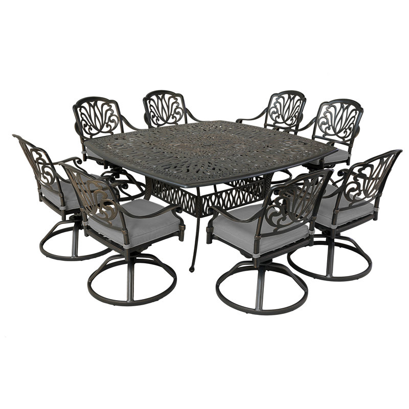 Ensemble de salle à manger 9 pièces en fonte d'aluminium avec 8 chaises pivotantes coussinées