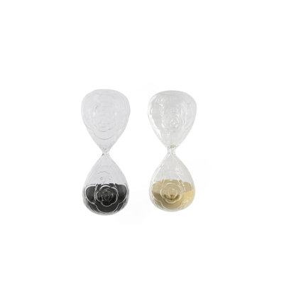 Set Of 2 3.4X3.4X8" Clear Rose Embossed Hourglass 30-Minute, Black/Tan Sand