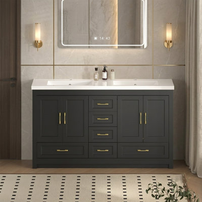 60'' Black Bathroom Vanity with Sink and Countertop, 4 Soft-Close Doors and 6 Drawers, Freestanding Bathroom Cabinet with Ample Storage, Black