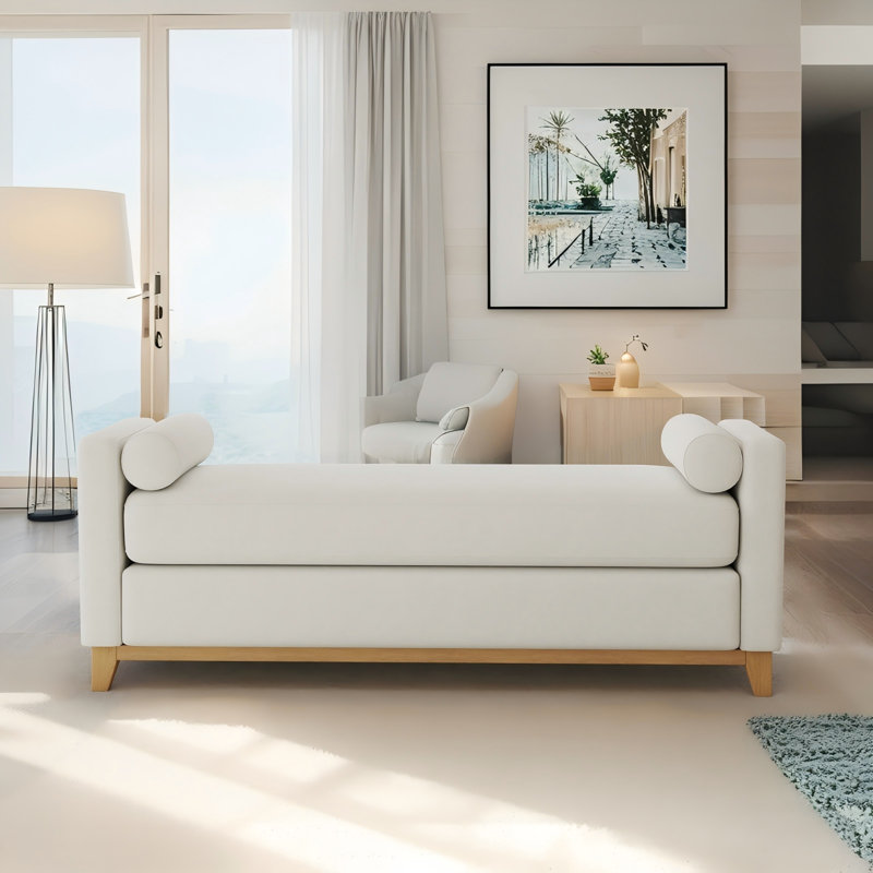 66.34" Sherpa Fleece Upholstered Bench, Natural Wood, Beige