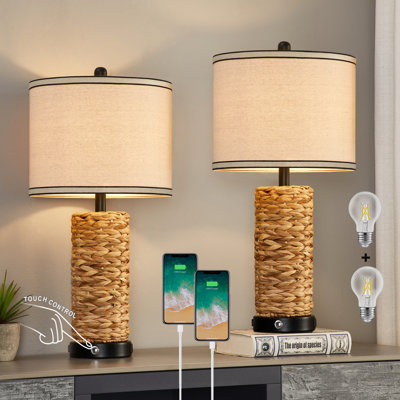 Decaro 26" Rattan Table Lamp with USB Charging Ports Outlet 3-Way Dimmable Touch Control(Bulbs Included)