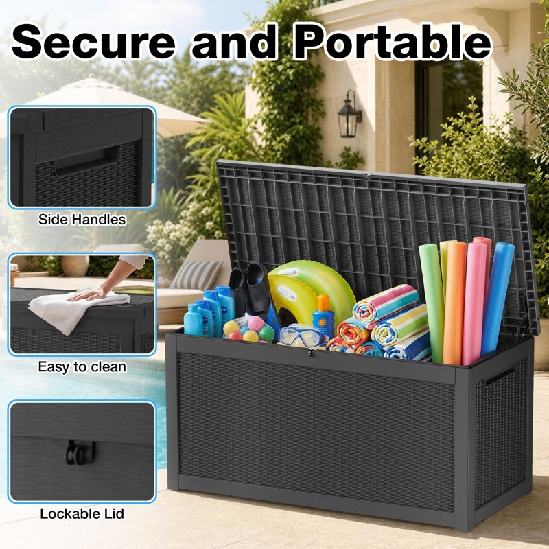 Banc de rangement extérieur imperméable à l'eau 67,7 po l 260 gallons en résine, Black