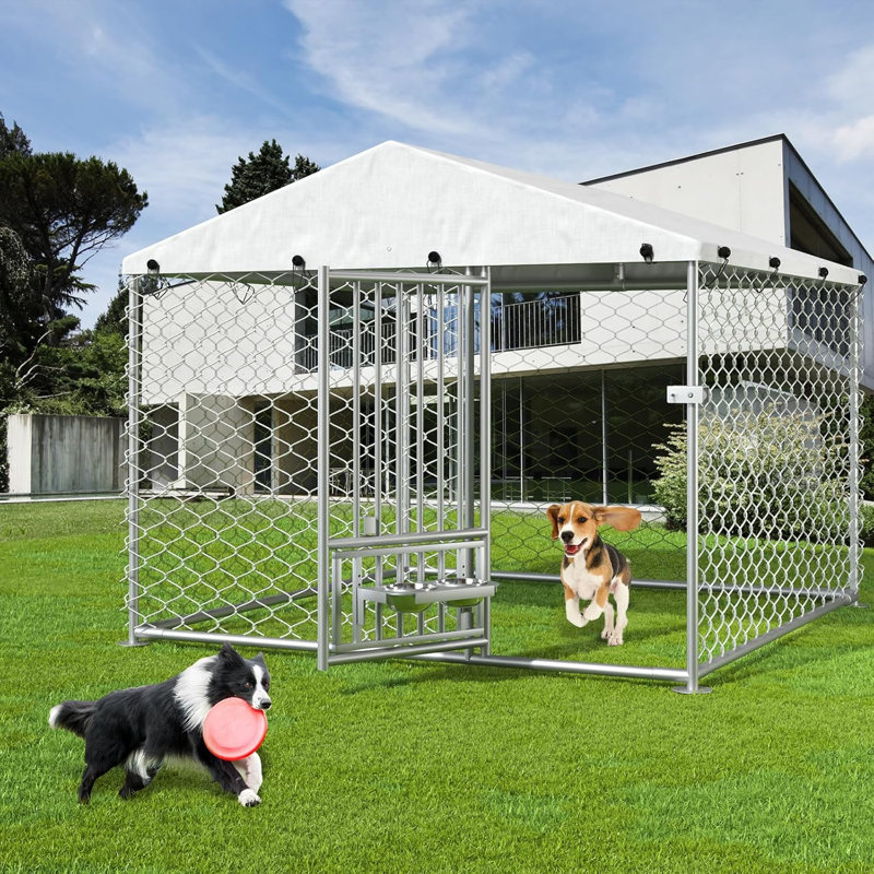 Chenil d'extérieur pour chien de 6,7 x 6,7 x 5 pi avec toit extérieur, chenil d'extérieur robuste avec bols rotatifs