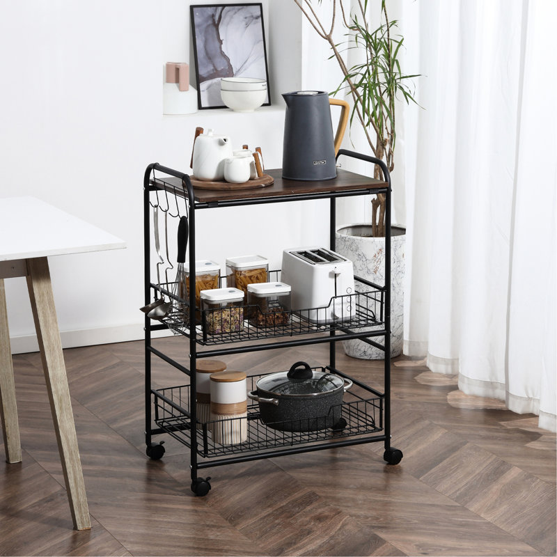 Chariot de cuisine en noyer à 3 niveaux avec 2 crochets coulissants et latéraux, compact pour un rangement efficace