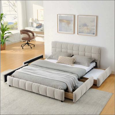 Lit tapissier, base de lit tapissier confortable, tissu chenille, avec tête de lit et base de lit solide