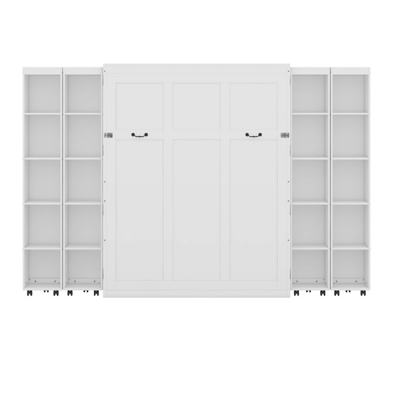 Grand lit escamotable mural avec deux armoires pliables, Blanc
