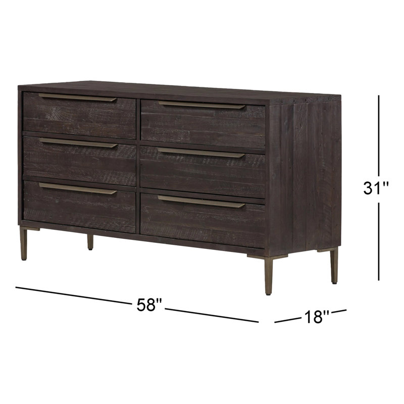Commode double en bois massif à 6 tiroirs 58 po Heitz, Noir, noir, noir, noir