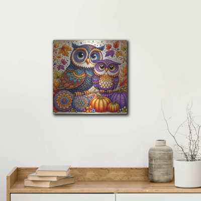  «Two Owls Fall Thème 3» par Rey Klimt, art mural en métal, 12 po x 12 po