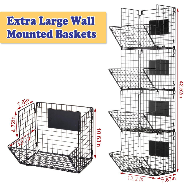 Très grand panier de rangement mural en métal à 4 niveaux avec tableau noir (noir)