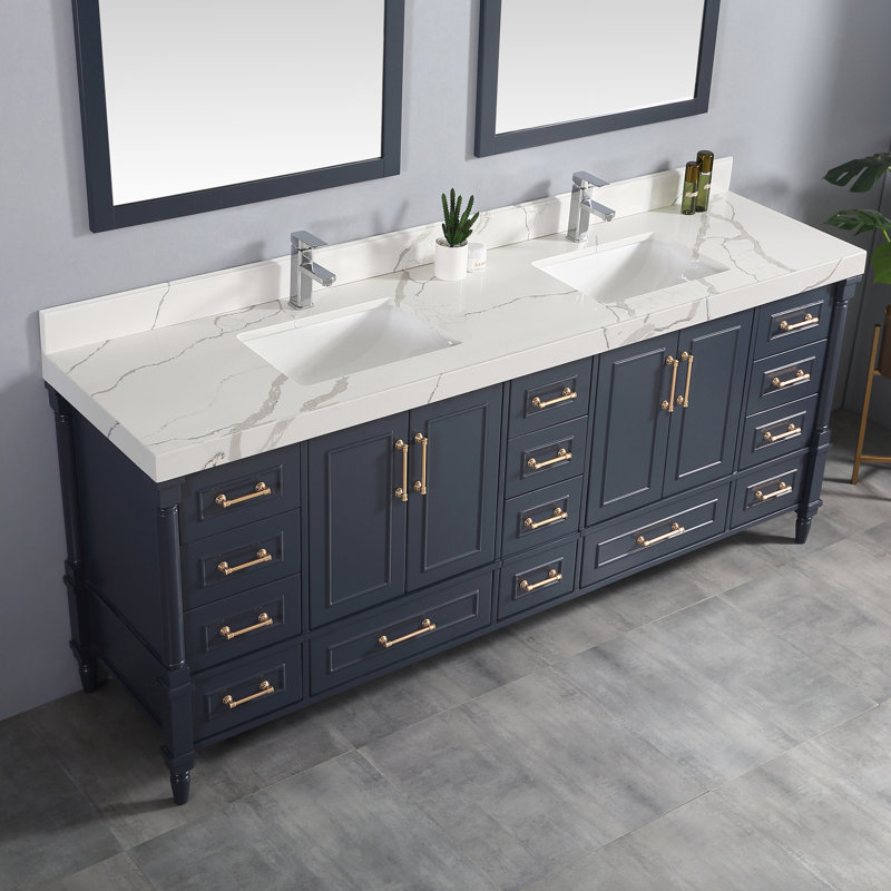 Ensemble de meuble-lavabo double 84 po Muirhead, Calacatta, Bleu marine hâlé, Doré