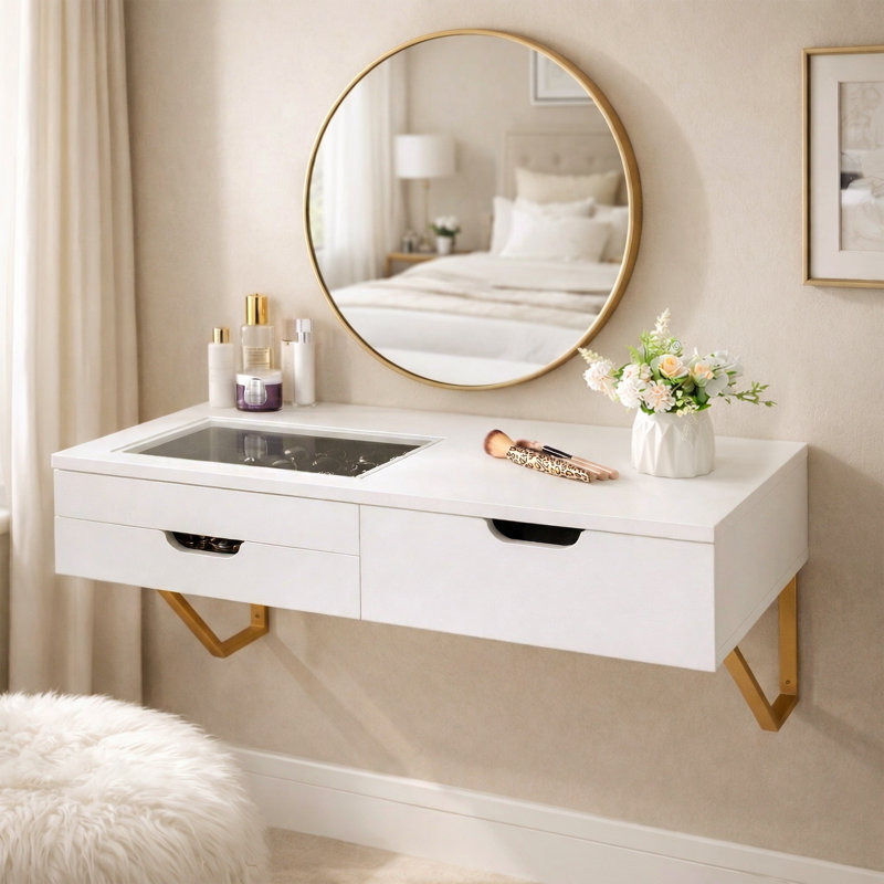 White Wall-Mounted Dressing Table with Glass Inset Panel and Jewellery Drawer