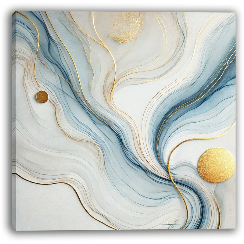 Serenity Streams - Art mural abstrait sur toile tendue bleue et dorée, H 20 po x l 20 po x P 1,5 po