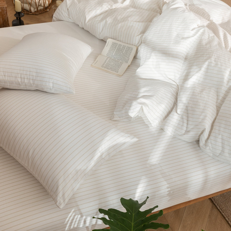 MooMee Striped Duvet Cover Set 100% Washed Cotton Linen Like Textured, Queen Duvet Cover + 2 Standard Pillowcases
