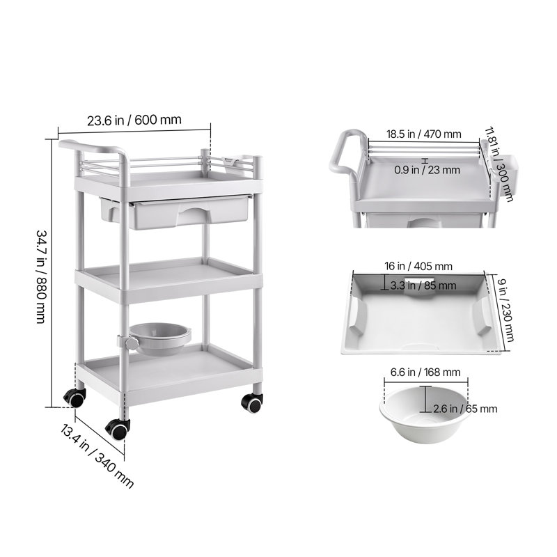 Three-Tier Medical Trolley Cart with Drawer, 110.23 lbs Capacity, Ideal for Clinics, Hospitals, Salons, and Labs, Features Storage Bin, Waste Tray, and Smooth-Rolling Casters for Easy Mobility