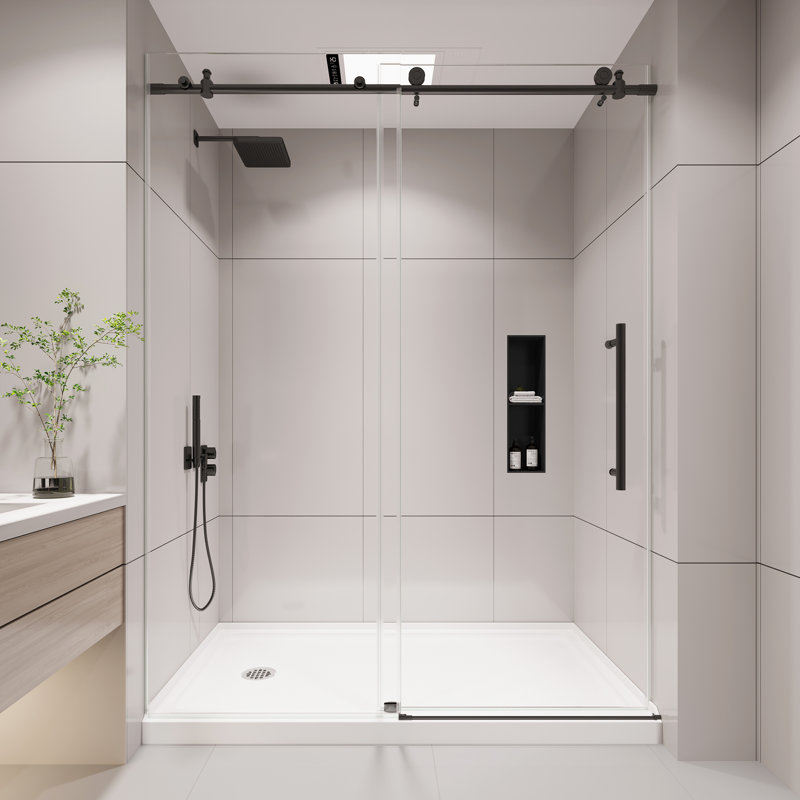 56-60" W x 76" H Frameless Sliding Shower Door in Matte Black Finish with 1/4" Clear Tempered Glass, Easy-Clean Coating, Explosion-Proof Film, Stainless Steel Accessories