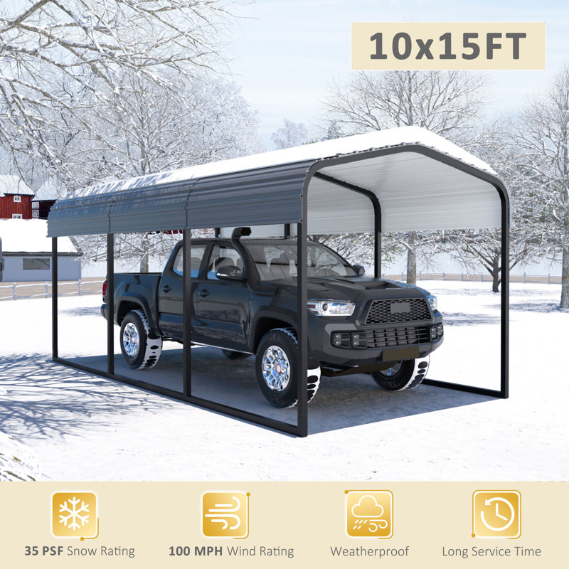 Steel Carport, Galvanized Multiple Sizes, 10' W x 15' D, Gray