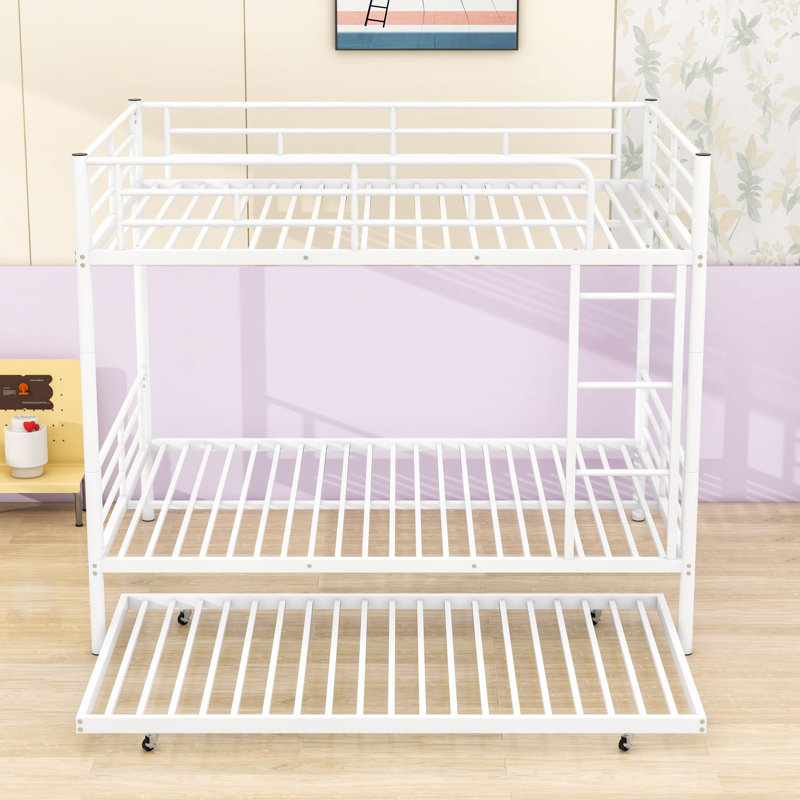 Metal Bunk Bed With Twin Trundle and Ladder, Full over Full, White