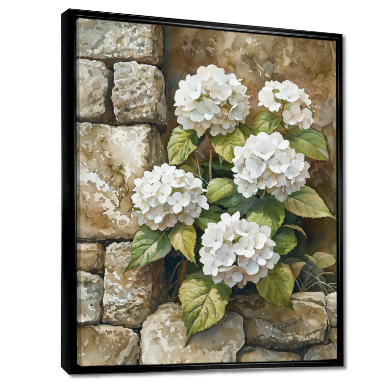 «Hydrangeas By The Stone Wall» - impression sur toile d'hortensias, Noir, Reproduction avec cadre flottant, H 20 po x l 12 po