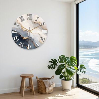 Horloge murale abstraite en marbre avec veines dorées et chiffres romains