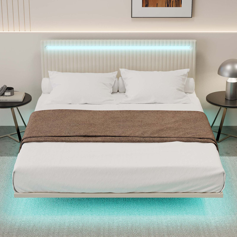 Velvet Fabric Floating Bed Frame with LED Lights, Beige, Full