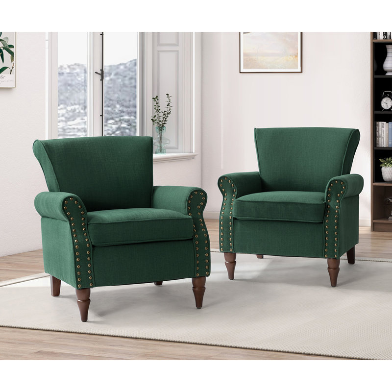 Mooresville Upholstered Armchair with Solid Wood Legs, Green Polyester