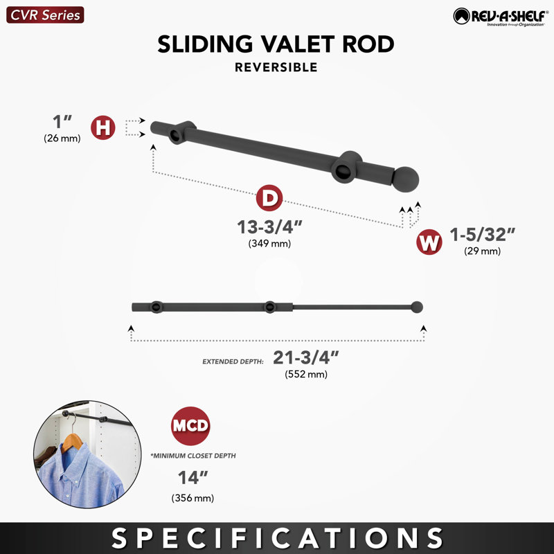Sliding Valet Rod For Custom Closet Systems, 1" H x 1.14" W x 13.87" D