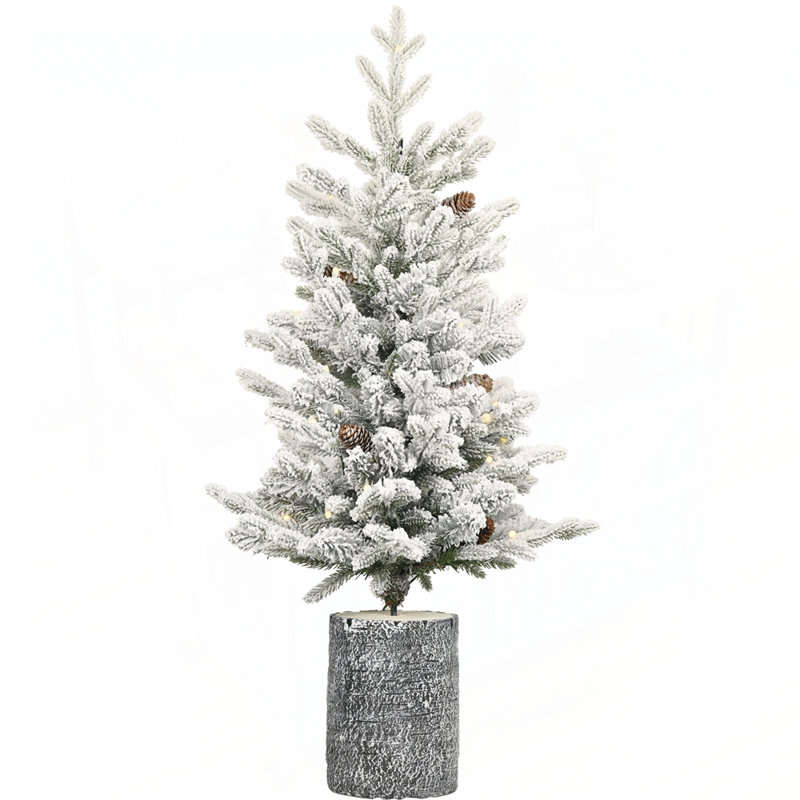 Arbre de Noël 3 pi avec base en pot, 70 lumières DEL blanc chaud, 365 pointes, branches en PE + PVC, 7 pommes de pin parfaites pour les petits espaces et les décorations des Fêtes