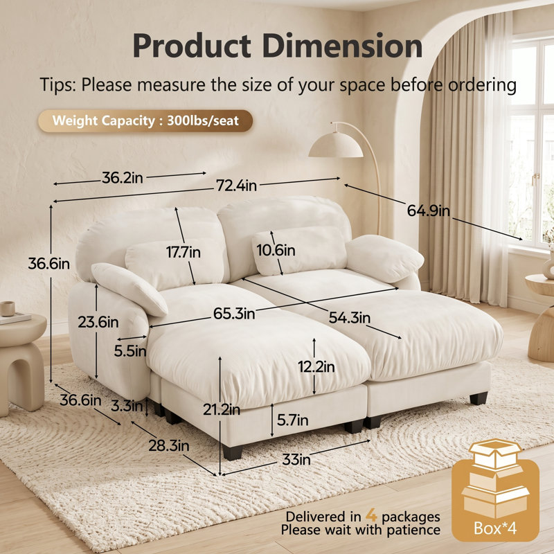 Canapé 2 places surdimensionné en chenille avec 2 poufs amovibles, canapé lounge flexible extra-profond inspiré des nuages, beige