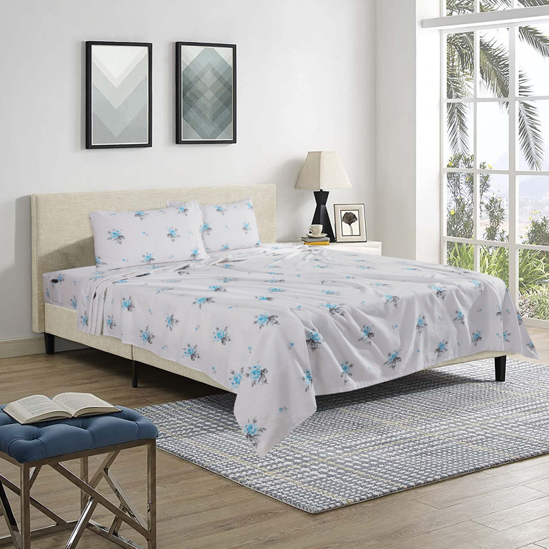 100% Cotton Flannel Sheet Set, Cal.King Sheet Set+Fitted Sheet+2Pillowcases, Blue Floral