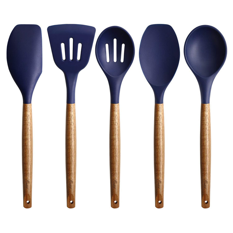 Non-Stick Cooking Utensils, Silicone Kitchen Utensils Set With Natural Acacia Hard Wood Handle, 5 Piece, Midnight Blue