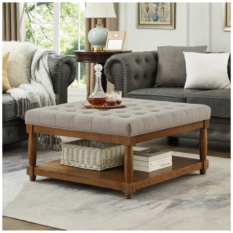 Grande table basse avec repose-pieds carré rembourré en lin capitonné avec tablette en bois massif, parfaite pour un usage domestique et commercial