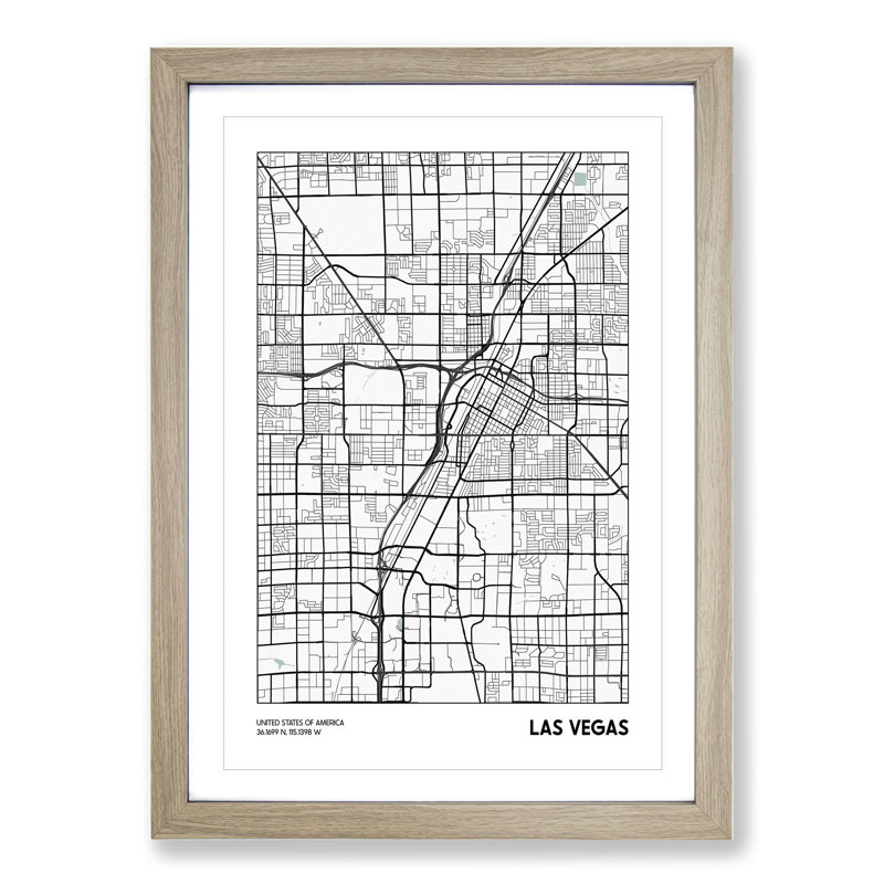 Map Las Vegas USA - Picture Frame Graphic Art, 48cm H x 36cm W x 2cm D, Oak