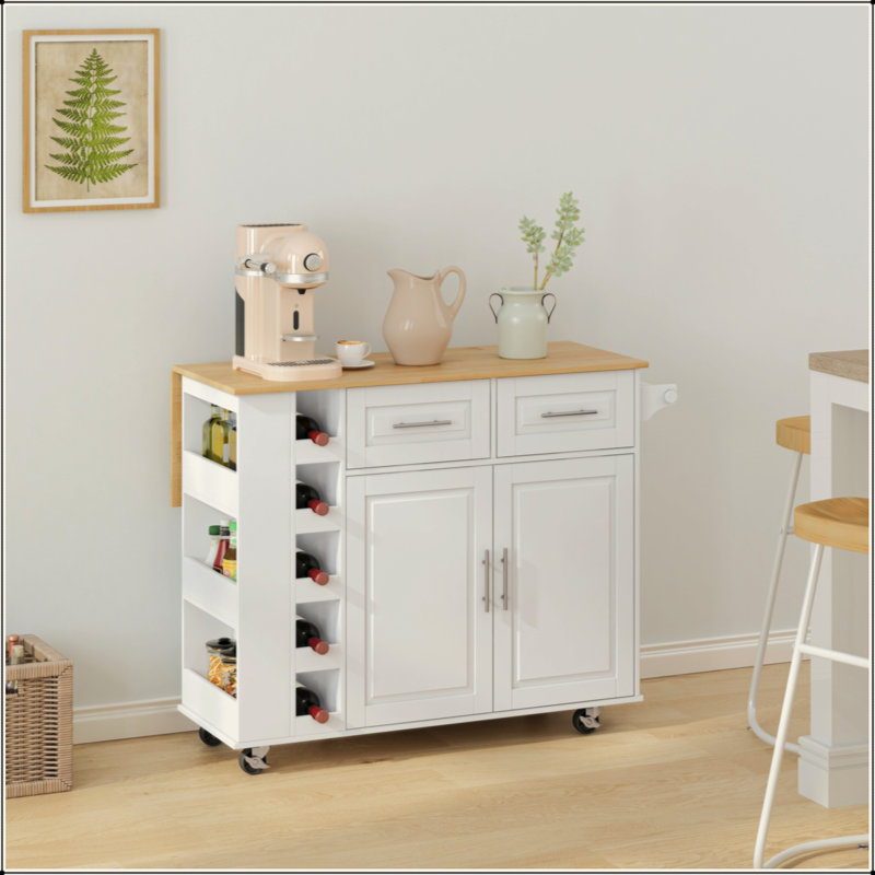 Chariot multifonctionnel pour îlot de cuisine avec armoire à 2 portes et deux tiroirs, support à épices, porte-serviette, support à vin et plateau de table en bois d'hévéa pliable