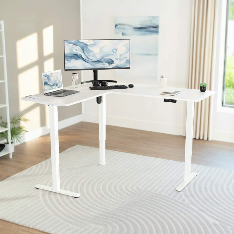 Bureau debout d'angle électrique VIVO, Blanc et blanc, 55 po x 63 po