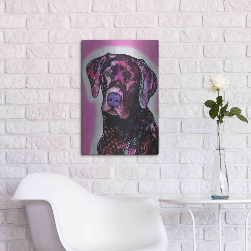 «Black Lab» par Dean Russo - peinture sur métal sans cadre, H 24 po x l 16 po x P 0,13 po