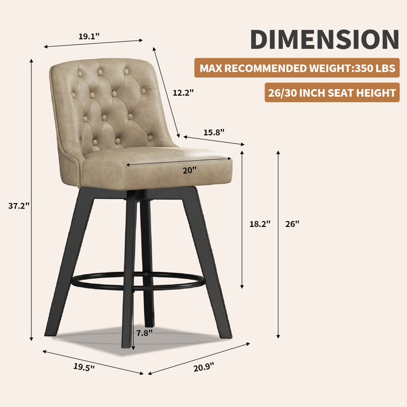 Swivel Upholstered 26'' Counter Stool Wood Leg, Khaki, Counter Stool (26" Seat Height), 2