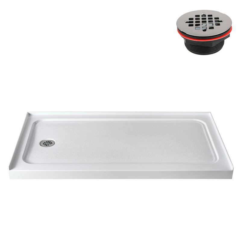 Base de douche 60 po x 32 po en alcôve en acrylique blanc brillant avec bonde gauche, bonde incluse, Blanc lustré