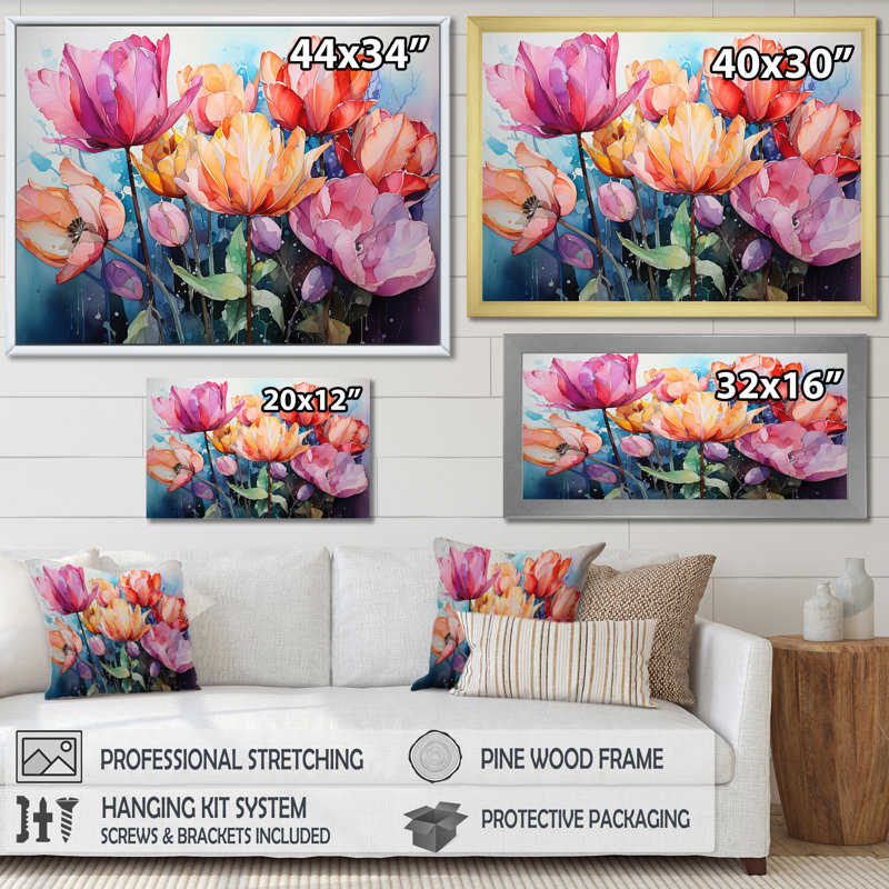 Les tulipes viennent vivantes avec un pinceau féroce sur toile, Cadre naturel flottant, H 30 po x l 40 po x P 1,5 po