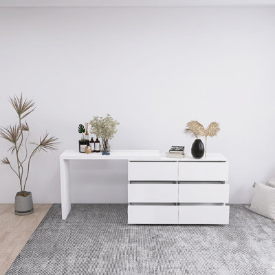 Extended Desktop 6 Drawer Handle-Free Vanity with Adjustable Desktop and Ample Storage