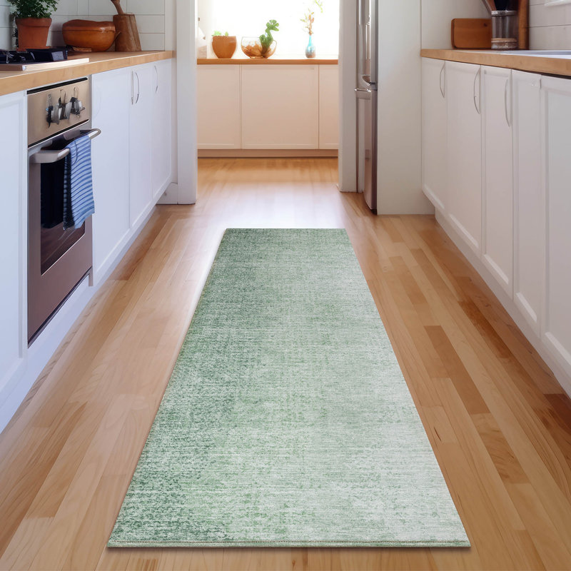Premium Machine Washable Prisco Green Rug, Runner 2'3" x 7'6"