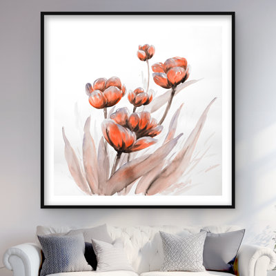 Aquarelle de fleurs sauvages - décor romantique rouge encadré