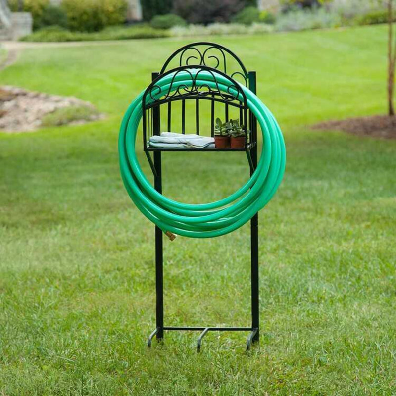 Black Steel Garden Hose Stand with Decorative Shelf