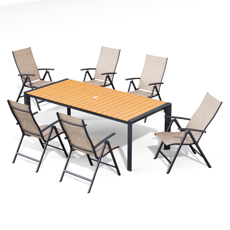 Ensemble repas pour 6 personnes avec chaises pliantes réglables et trou pour parasol