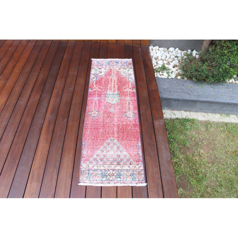 Vintage Turkish Red Rug Runner With Elegant Oriental Pattern And Bold Colorful Design For Door Mat Use